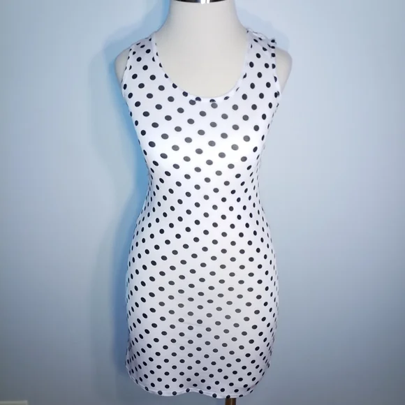 OBJEX DRESS M Sleeveless Bodycon White Black polka dots Short Casual - Picture 1 of 3